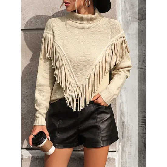 Solid Color Tasseled Long Sleeves Loose High-neck Sweater Tops Pullovers Knitwear Solid Color Tasseled Long Sleeves Loose High-neck Sweater Tops Pullovers Knitwear