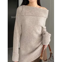 Solid Color Long Sleeves Loose Off-the-shoulder Sweater Pullovers Knitwear