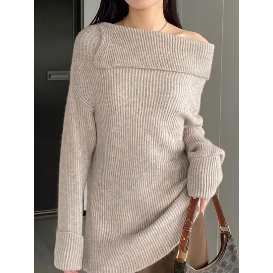 Solid Color Long Sleeves Loose Off-the-shoulder Sweater Pullovers Knitwear Solid Color Long Sleeves Loose Off-the-shoulder Sweater Pullovers Knitwear