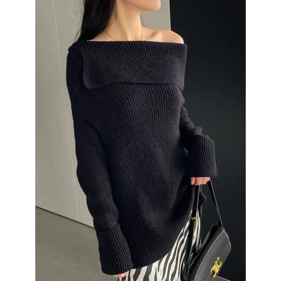 Solid Color Long Sleeves Loose Off-the-shoulder Sweater Pullovers Knitwear Solid Color Long Sleeves Loose Off-the-shoulder Sweater Pullovers Knitwear