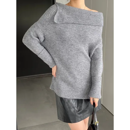 Solid Color Long Sleeves Loose Off-the-shoulder Sweater Pullovers Knitwear Solid Color Long Sleeves Loose Off-the-shoulder Sweater Pullovers Knitwear