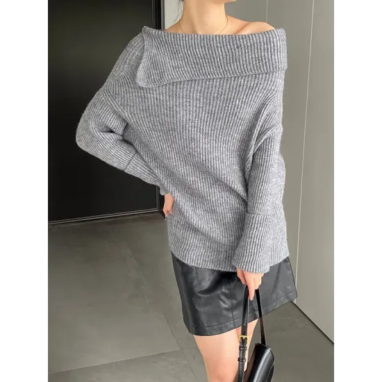 Solid Color Long Sleeves Loose Off-the-shoulder Sweater Pullovers Knitwear Solid Color Long Sleeves Loose Off-the-shoulder Sweater Pullovers Knitwear
