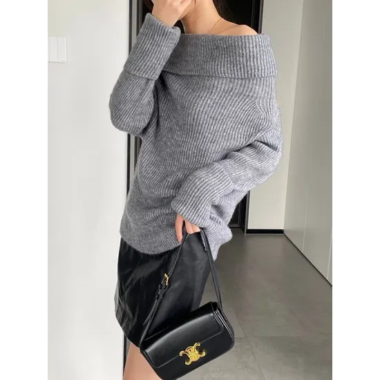 Solid Color Long Sleeves Loose Off-the-shoulder Sweater Pullovers Knitwear Solid Color Long Sleeves Loose Off-the-shoulder Sweater Pullovers Knitwear