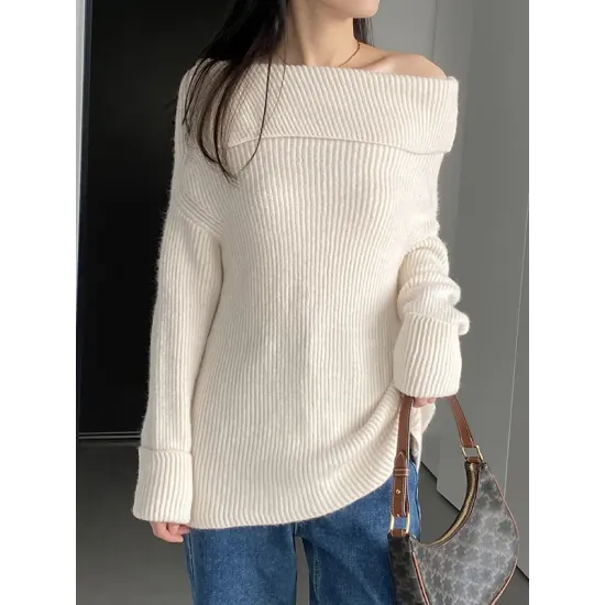 Solid Color Long Sleeves Loose Off-the-shoulder Sweater Pullovers Knitwear Solid Color Long Sleeves Loose Off-the-shoulder Sweater Pullovers Knitwear
