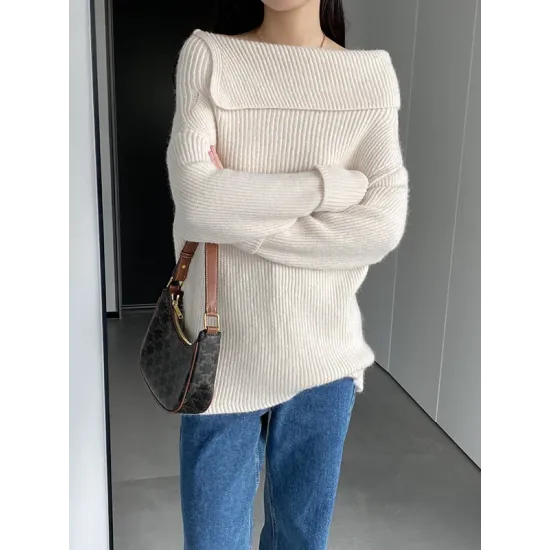 Solid Color Long Sleeves Loose Off-the-shoulder Sweater Pullovers Knitwear Solid Color Long Sleeves Loose Off-the-shoulder Sweater Pullovers Knitwear