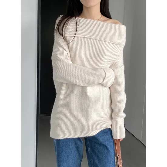 Solid Color Long Sleeves Loose Off-the-shoulder Sweater Pullovers Knitwear Solid Color Long Sleeves Loose Off-the-shoulder Sweater Pullovers Knitwear