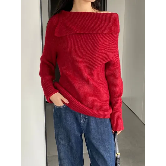 Solid Color Long Sleeves Loose Off-the-shoulder Sweater Pullovers Knitwear Solid Color Long Sleeves Loose Off-the-shoulder Sweater Pullovers Knitwear