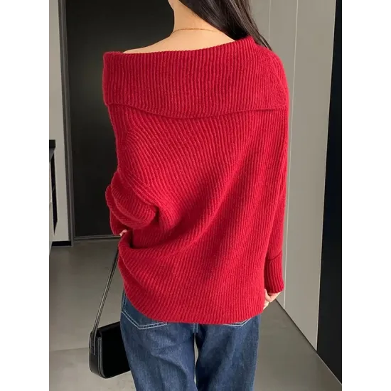 Solid Color Long Sleeves Loose Off-the-shoulder Sweater Pullovers Knitwear Solid Color Long Sleeves Loose Off-the-shoulder Sweater Pullovers Knitwear