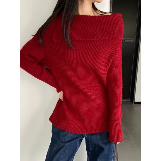 Solid Color Long Sleeves Loose Off-the-shoulder Sweater Pullovers Knitwear Solid Color Long Sleeves Loose Off-the-shoulder Sweater Pullovers Knitwear