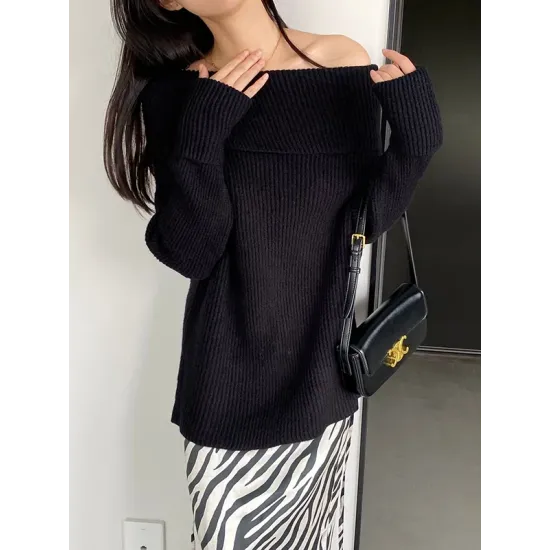 Solid Color Long Sleeves Loose Off-the-shoulder Sweater Pullovers Knitwear Solid Color Long Sleeves Loose Off-the-shoulder Sweater Pullovers Knitwear