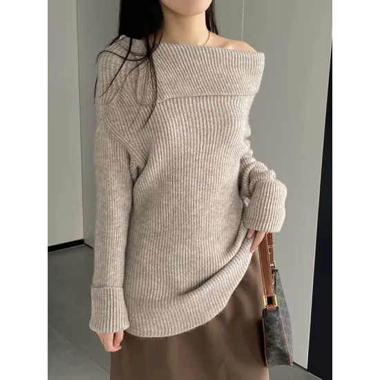 Solid Color Long Sleeves Loose Off-the-shoulder Sweater Pullovers Knitwear Solid Color Long Sleeves Loose Off-the-shoulder Sweater Pullovers Knitwear