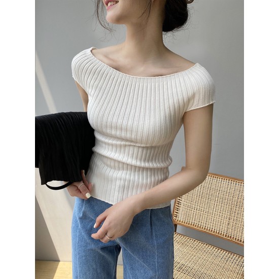 Solid Color Short Sleeves Skinny Boat Neck Sweater Pullovers Knitwear Solid Color Short Sleeves Skinny Boat Neck Sweater Pullovers Knitwear