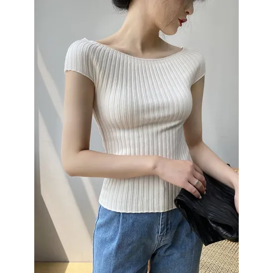 Solid Color Short Sleeves Skinny Boat Neck Sweater Pullovers Knitwear Solid Color Short Sleeves Skinny Boat Neck Sweater Pullovers Knitwear