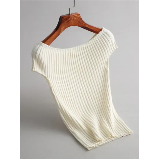 Solid Color Short Sleeves Skinny Boat Neck Sweater Pullovers Knitwear Solid Color Short Sleeves Skinny Boat Neck Sweater Pullovers Knitwear
