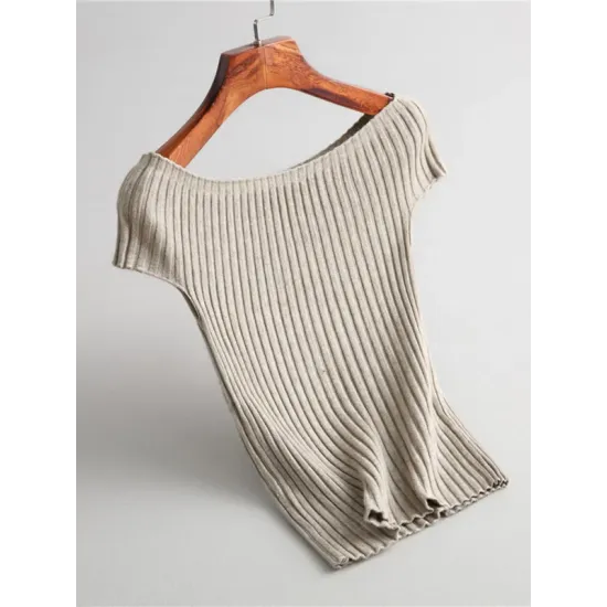 Solid Color Short Sleeves Skinny Boat Neck Sweater Pullovers Knitwear Solid Color Short Sleeves Skinny Boat Neck Sweater Pullovers Knitwear