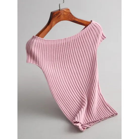 Solid Color Short Sleeves Skinny Boat Neck Sweater Pullovers Knitwear Solid Color Short Sleeves Skinny Boat Neck Sweater Pullovers Knitwear