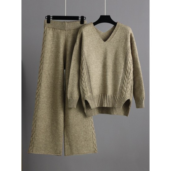 Urban Loose Solid Color V-Neck Sweater Tops& Wide Leg Pants Suits Urban Loose Solid Color V-Neck Sweater Tops& Wide Leg Pants Suits