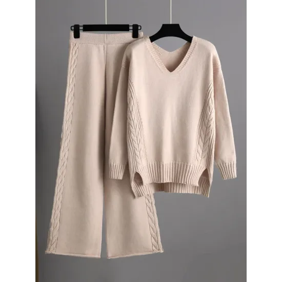 Urban Loose Solid Color V-Neck Sweater Tops& Wide Leg Pants Suits Urban Loose Solid Color V-Neck Sweater Tops& Wide Leg Pants Suits