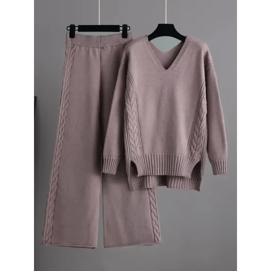 Urban Loose Solid Color V-Neck Sweater Tops& Wide Leg Pants Suits Urban Loose Solid Color V-Neck Sweater Tops& Wide Leg Pants Suits
