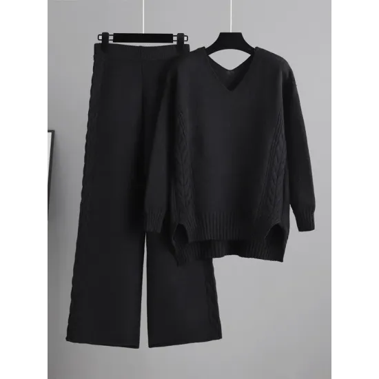 Urban Loose Solid Color V-Neck Sweater Tops& Wide Leg Pants Suits Urban Loose Solid Color V-Neck Sweater Tops& Wide Leg Pants Suits