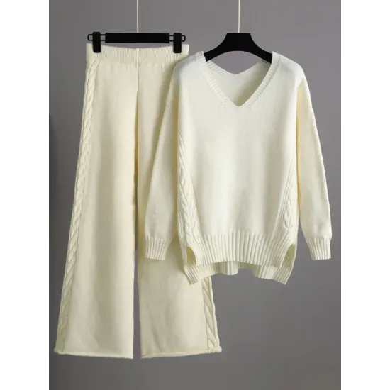 Urban Loose Solid Color V-Neck Sweater Tops& Wide Leg Pants Suits Urban Loose Solid Color V-Neck Sweater Tops& Wide Leg Pants Suits
