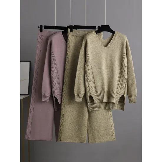 Urban Loose Solid Color V-Neck Sweater Tops& Wide Leg Pants Suits Urban Loose Solid Color V-Neck Sweater Tops& Wide Leg Pants Suits