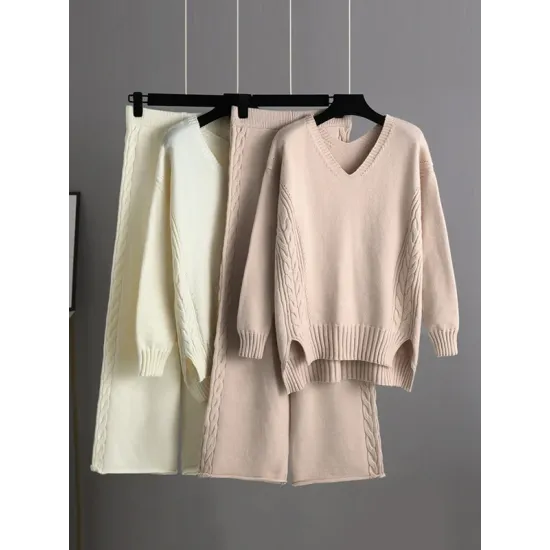 Urban Loose Solid Color V-Neck Sweater Tops& Wide Leg Pants Suits Urban Loose Solid Color V-Neck Sweater Tops& Wide Leg Pants Suits