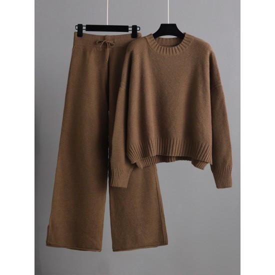 Urban Loose Long Sleeves Solid Color Round-Neck High-Low Sweater Tops & Wide Leg Pants Suits Urban Loose Long Sleeves Solid Color Round-Neck High-Low Sweater Tops & Wide Leg Pants Suits