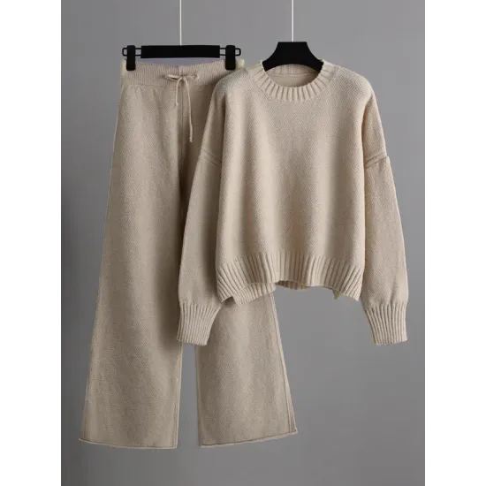 Urban Loose Long Sleeves Solid Color Round-Neck High-Low Sweater Tops & Wide Leg Pants Suits Urban Loose Long Sleeves Solid Color Round-Neck High-Low Sweater Tops & Wide Leg Pants Suits