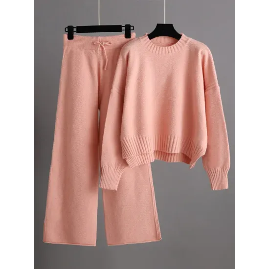 Urban Loose Long Sleeves Solid Color Round-Neck High-Low Sweater Tops & Wide Leg Pants Suits Urban Loose Long Sleeves Solid Color Round-Neck High-Low Sweater Tops & Wide Leg Pants Suits