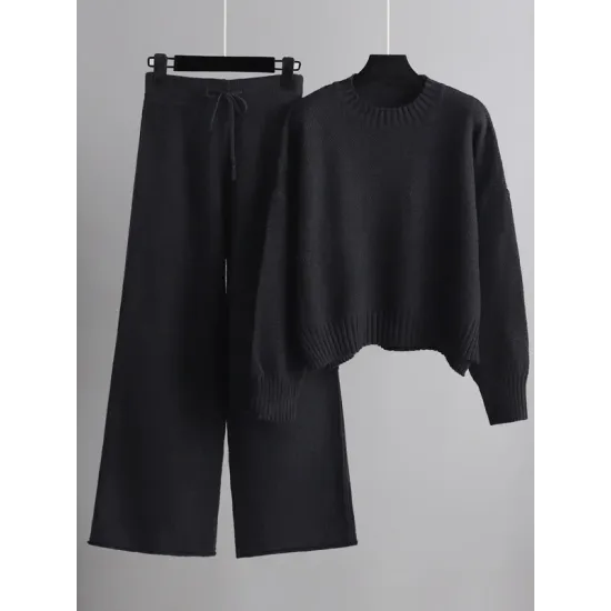Urban Loose Long Sleeves Solid Color Round-Neck High-Low Sweater Tops & Wide Leg Pants Suits Urban Loose Long Sleeves Solid Color Round-Neck High-Low Sweater Tops & Wide Leg Pants Suits