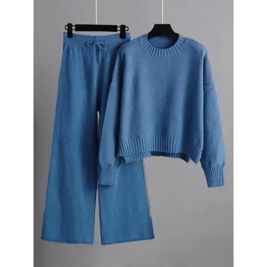 Urban Loose Long Sleeves Solid Color Round-Neck High-Low Sweater Tops & Wide Leg Pants Suits Urban Loose Long Sleeves Solid Color Round-Neck High-Low Sweater Tops & Wide Leg Pants Suits