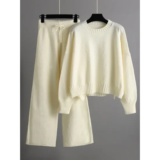 Urban Loose Long Sleeves Solid Color Round-Neck High-Low Sweater Tops & Wide Leg Pants Suits Urban Loose Long Sleeves Solid Color Round-Neck High-Low Sweater Tops & Wide Leg Pants Suits
