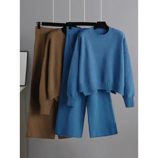 Urban Loose Long Sleeves Solid Color Round-Neck High-Low Sweater Tops & Wide Leg Pants Suits Urban Loose Long Sleeves Solid Color Round-Neck High-Low Sweater Tops & Wide Leg Pants Suits