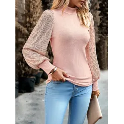Sequined Split-Joint Bishop Sleeve Long Sleeves High-Neck Sweater Tops Pullovers