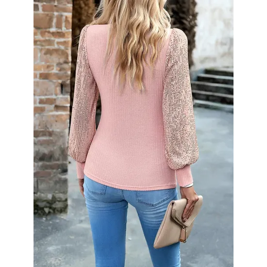 Sequined Split-Joint Bishop Sleeve Long Sleeves High-Neck Sweater Tops Pullovers Sequined Split-Joint Bishop Sleeve Long Sleeves High-Neck Sweater Tops Pullovers
