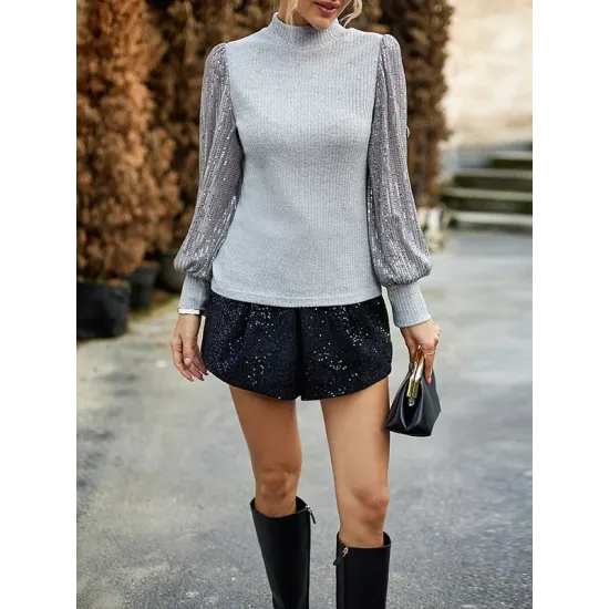 Sequined Split-Joint Bishop Sleeve Long Sleeves High-Neck Sweater Tops Pullovers Sequined Split-Joint Bishop Sleeve Long Sleeves High-Neck Sweater Tops Pullovers