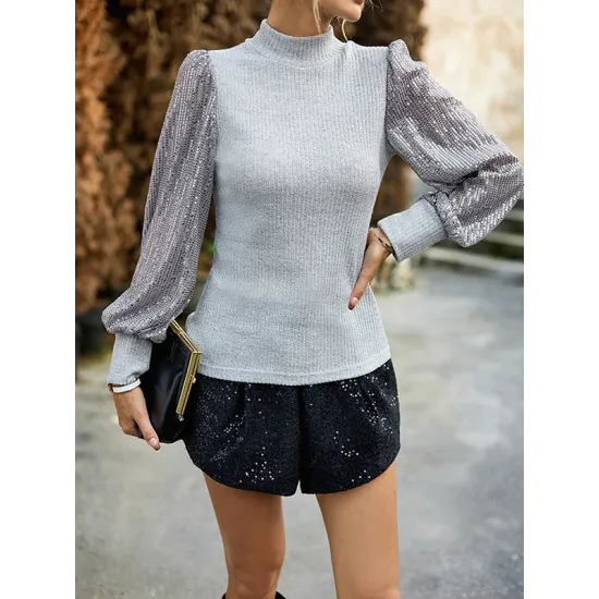 Sequined Split-Joint Bishop Sleeve Long Sleeves High-Neck Sweater Tops Pullovers Sequined Split-Joint Bishop Sleeve Long Sleeves High-Neck Sweater Tops Pullovers