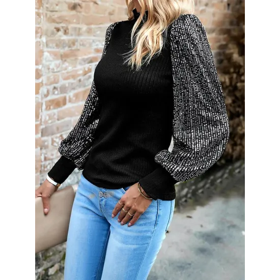 Sequined Split-Joint Bishop Sleeve Long Sleeves High-Neck Sweater Tops Pullovers Sequined Split-Joint Bishop Sleeve Long Sleeves High-Neck Sweater Tops Pullovers