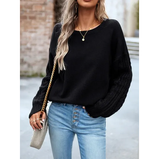 Solid Color Long Sleeves Loose Round-Neck Sweater Pullovers Solid Color Long Sleeves Loose Round-Neck Sweater Pullovers