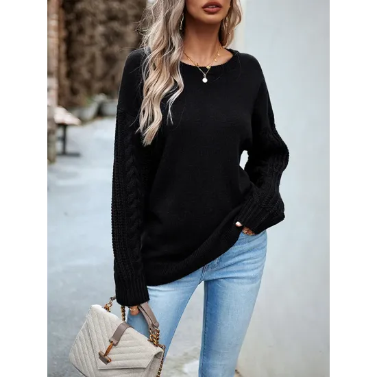 Solid Color Long Sleeves Loose Round-Neck Sweater Pullovers Solid Color Long Sleeves Loose Round-Neck Sweater Pullovers