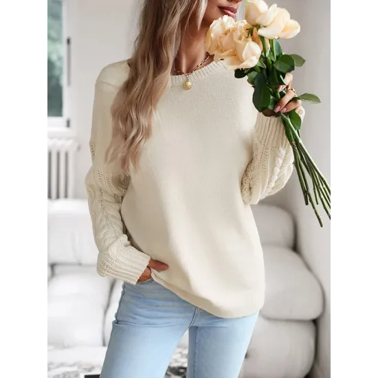Solid Color Long Sleeves Loose Round-Neck Sweater Pullovers Solid Color Long Sleeves Loose Round-Neck Sweater Pullovers