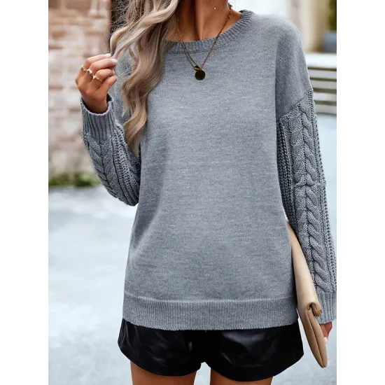 Solid Color Long Sleeves Loose Round-Neck Sweater Pullovers Solid Color Long Sleeves Loose Round-Neck Sweater Pullovers