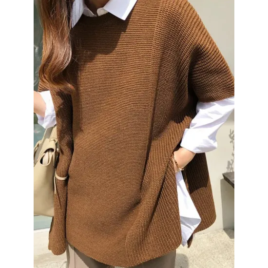 Casual Loose Split-Side Round-Neck Sweater Tops Casual Loose Split-Side Round-Neck Sweater Tops