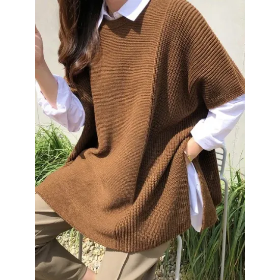 Casual Loose Split-Side Round-Neck Sweater Tops Casual Loose Split-Side Round-Neck Sweater Tops