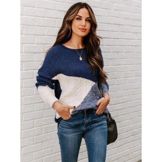 Casual Long Sleeves Loose Contrast Color Round-Neck Sweater Tops Casual Long Sleeves Loose Contrast Color Round-Neck Sweater Tops