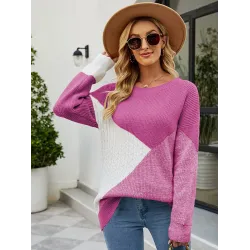 Casual Long Sleeves Loose Contrast Color Round-Neck Sweater Tops