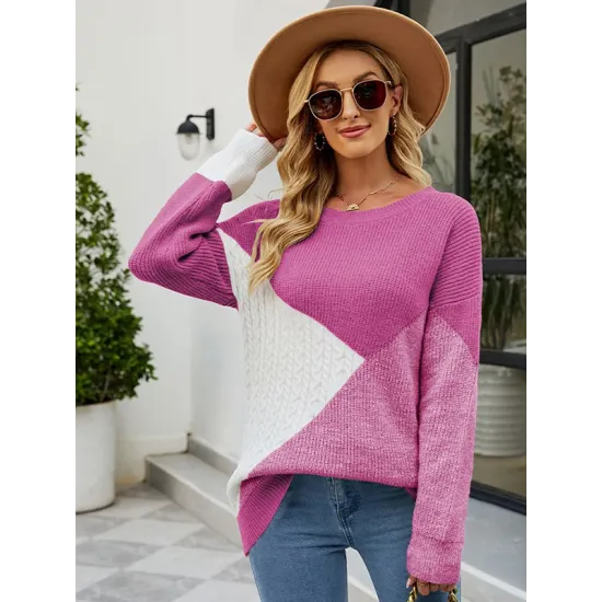 Casual Long Sleeves Loose Contrast Color Round-Neck Sweater Tops Casual Long Sleeves Loose Contrast Color Round-Neck Sweater Tops