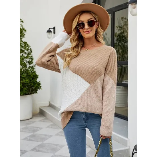 Casual Long Sleeves Loose Contrast Color Round-Neck Sweater Tops Casual Long Sleeves Loose Contrast Color Round-Neck Sweater Tops