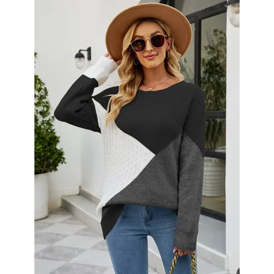 Casual Long Sleeves Loose Contrast Color Round-Neck Sweater Tops Casual Long Sleeves Loose Contrast Color Round-Neck Sweater Tops